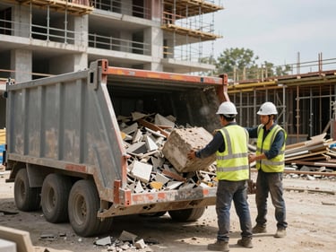 Wide shot of two workers in hard hats and safety vests loading construction debris into a skip container on an active building site, natural daylight, rubble and scaffolding in background