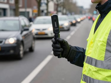 Close shot of a traffic controller's gloved hand holding a stop baton on a busy Dutch road, high-visibility vest visible, natural daylight, motion blur of passing vehicles in background