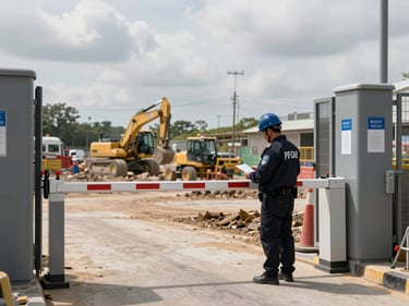 Wide environmental shot of a construction site entrance gate, a site security officer in PPE and hard hat checking access credentials at the barrier, overcast daylight, heavy machinery visible in background