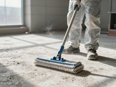 Detail of a worker in protective overalls and gloves scrubbing a dusty concrete floor on a construction site, mop and cleaning equipment visible, bright natural light from a window, dust particles in the air