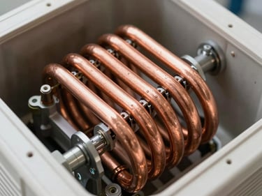 Macro photograph of clean copper evaporator coils inside an air conditioning unit, bright natural lighting, technical precision.