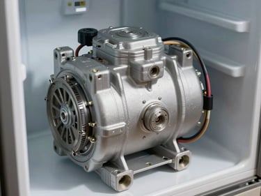 Close-up of a modern refrigerator compressor unit and clean wiring harness, bright daylight, engineering focus.