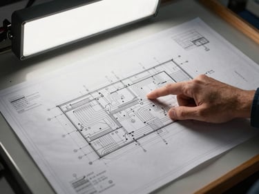 Overhead shot of large-format technical construction drawings on a drafting table, engineer's hand pointing at a circuit detail, hard-edge studio light from above