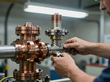 Hands tightening a pipe coupling on a newly installed pressure unit in a mechanical room, cool overhead lighting, copper and steel fittings in sharp focus