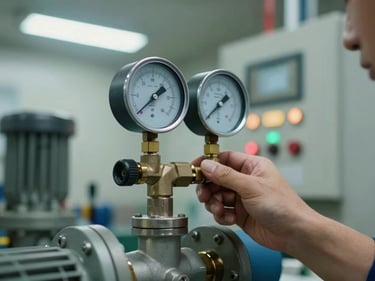 Close-up of a technician's hand adjusting a pressure gauge valve on an operational pump system, operational indicator lights visible on a control panel, cool fluorescent lighting