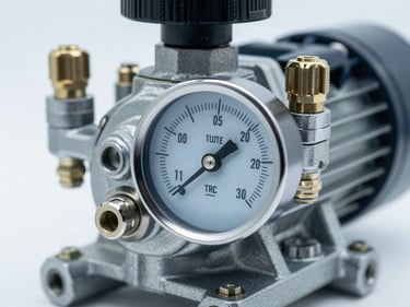Close-up detail of a compact hydrofor pump unit, chrome fittings and pressure gauge dial centered in frame, cool studio lighting, white background, precise engineering visible