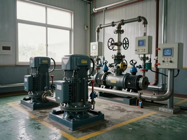 Wide shot of an industrial pressure booster station with multiple pump heads, manifold pipework and digital control panel, daylight from a high window, clean mechanical room