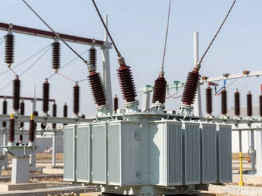 Professional industrial photograph of an electrical substation with numerous transformers and insulators, bright natural daylight, clean technical details, high-contrast realistic tones, 35mm lens