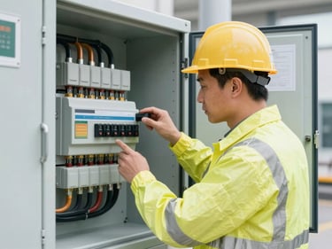 Professional industrial photograph of a technician in PPE inspecting an electrical panel inside a commercial building, clean, high-visibility neutral lighting, clean technical details, high-contrast realistic tones, 35mm lens