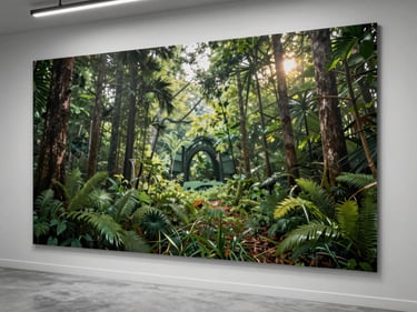 Wide environmental shot of a direct-to-wall print in a commercial interior, ink applied flush to a painted surface with no substrate gap, studio strobe raking across the wall at a low angle to reveal sharpness