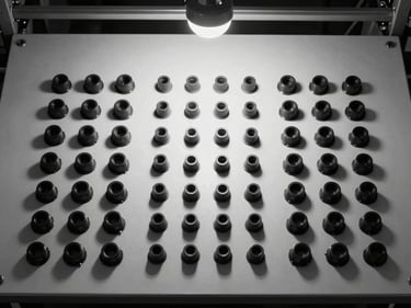 Overhead flat-lay of a production line workstation: precision-cut packaging components arranged in strict grid formation on a matte white surface, single overhead strobe, deep shadows, monochrome