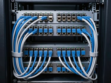 Extreme close-up overhead of server rack cable management inside a data center, dense symmetrical rows of blue and white ethernet cables, hard studio strobe lighting, high contrast monochrome tones
