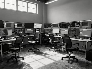 Wide environmental shot inside a creative production studio: rows of monitors displaying interface wireframes, empty operator chairs, hard daylight from clerestory windows casting sharp shadows across the concrete floor, high contrast monochrome