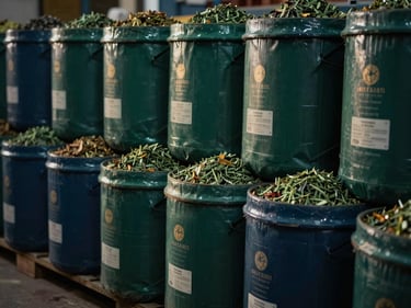 Tumpukan karung beras premium di gudang modern, pencahayaan lembut, fokus pada tekstur