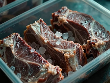 Potongan daging sapi beku berkualitas tinggi di wadah, es kristal, cahaya dingin, fokus makro