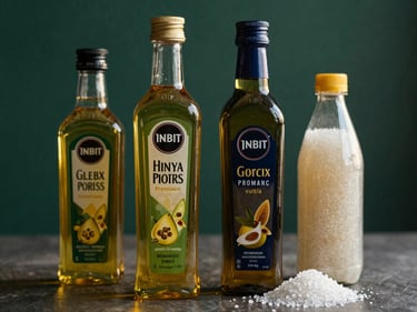 Botol minyak goreng premium dan gula kristal di rak, cahaya studio, komposisi bersih