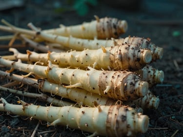 Close-up bawang putih utuh yang baru dipanen, tanah di latar belakang, cahaya keemasan, fokus dangkal