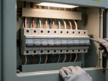 Close-up of a residential electrical panel with organized circuit breakers and labeled wiring, work lighting illuminating the interior, technician gloves visible at the edge of frame