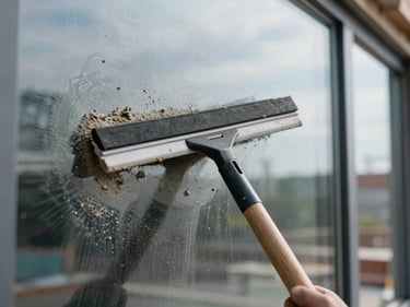 Close-up of a squeegee removing cement residue from a large glass window pane on a construction site, clear reflections emerging, overcast daylight, no people