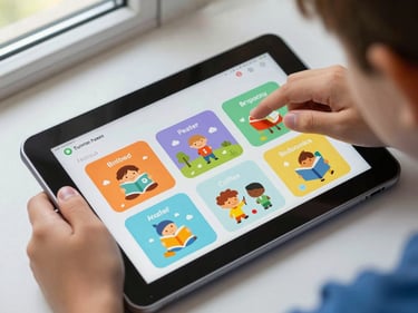 Close-up overhead flat-lay of a child's hands navigating a colorful reading app on an Android tablet, natural window light, interface text large and legible