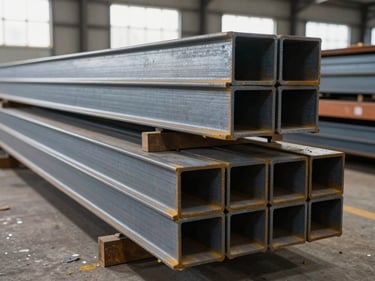 Wide shot of structural steel sections — H-beams, angles, and channels — stacked in an organized warehouse rack, neutral daylight from high windows, depth of field revealing scale of stock