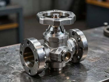 Close-up overhead of a weld-neck flange and gate valve on a steel worktable, studio strobe lighting showing raised face and bolt holes in sharp detail, dark industrial background