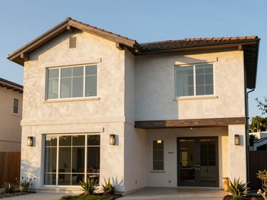 Exterior view of a modern two-story home with a seamless attached ADU wing, matching stucco finish, elegant windows.