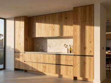 Compact modern JADU interior featuring a built-in kitchenette, oak cabinetry, and integrated storage under soft morning light.