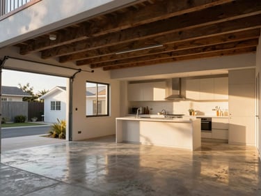 Interior of a converted garage showing a bright, open-concept studio with exposed rafters, polished concrete floors, and modern kitchen.