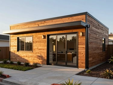 Modern detached ADU exterior with warm wood siding and black metal trim, clean hardscaping, afternoon sun.