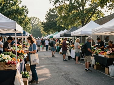 Wide environmental shot of an outdoor Edwardsville farmers market in morning light, vendor stalls with fresh produce and flowers, residents browsing with reusable bags, trees in the background
