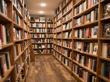 Interior of a small independent bookshop in Edwardsville, warm overhead lighting, floor-to-ceiling wooden shelves packed with books, a reading nook visible in the far corner