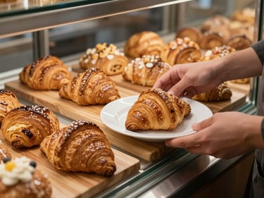 Local bakery display case close-up, fresh pastries and breads arranged on wooden trays under soft morning light, hands placing a croissant on a white ceramic plate
