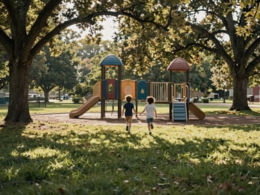 Wide shot of a family at an Edwardsville park, two kids running toward a playground structure, afternoon light filtering through oak trees, green lawn in the foreground
