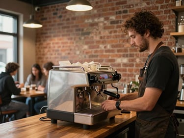 Interior of a small Edwardsville coffee shop, warm ambient lighting, exposed brick wall, a barista in an apron working at an espresso machine, a few locals at wooden tables in soft focus behind