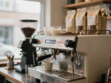Close-up of a warm coffee shop counter in Edwardsville, espresso machine in the foreground, natural window light, bags of locally roasted beans stacked on a wooden shelf behind the barista