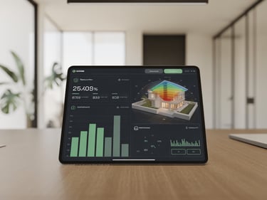 Smart home dashboard on a tablet displaying energy usage charts and a 3D house thermal map.