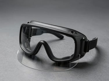 Industrial safety goggles and face shield resting on a matte gray work surface, overhead studio lighting, precise detail on lens and frame