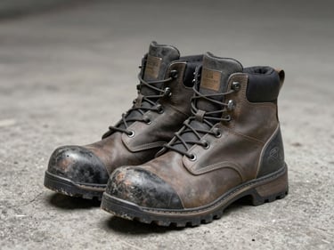 Pair of steel-toe industrial safety boots on a gray concrete surface, side profile, clinical overhead lighting, no people