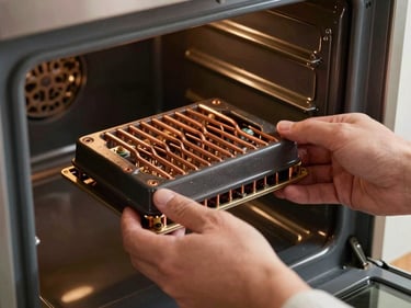 Close-up of a technician's hands lifting a faulty oven heating element from an open oven cavity, warm studio light on the dark ceramic interior and the copper-toned element terminals
