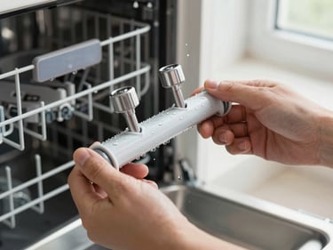 Hands holding a dishwasher spray arm removed from an open machine, water droplets visible on the plastic, north-facing window light catching the detail of the arm's nozzles