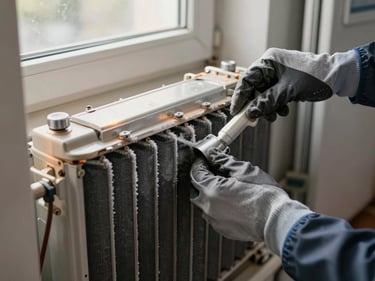 Technician's gloved hands removing a refrigerator evaporator coil, frost visible on the coil fins, warm daylight from a nearby window catching the metal surface