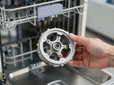Interior of a dishwasher, spray arm removed and held by a technician's hand above the lower rack, stainless steel tub interior under cool workshop light, macro detail on spray nozzles
