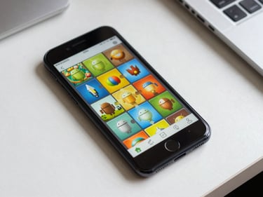 Overhead flat-lay of Android phone showing a colorful puzzle game grid interface, natural daylight, clean white desk surface beneath
