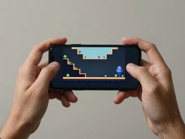 Hands holding Android phone in portrait mode showing a minimalist platformer game with bold geometric levels, daylight from above, neutral background