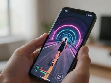 Close-up of Android phone screen showing a fast-paced runner game with neon-lit tunnel environment, hand gripping phone, daylight room in background