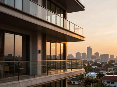 Modern luxury apartment balcony overlooking Bangalore skyline, warm sunset lighting, editorial architectural photography