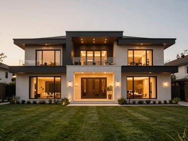 Symmetrical modern luxury villa exterior with manicured lawns, warm evening lighting, sharp architectural focus