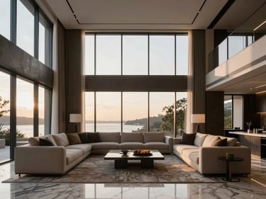 Minimalist double-height luxury living room interior with marble floors and floor-to-ceiling glass windows, warm natural light