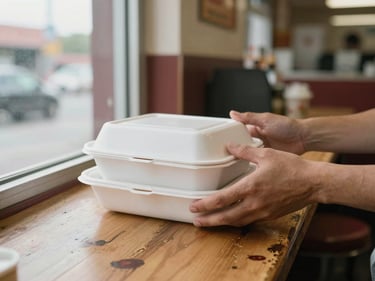 Close-up of hands passing a takeout container across a counter inside a local diner, natural window light from the left, worn wooden counter visible, warmth of a neighborhood lunch spot